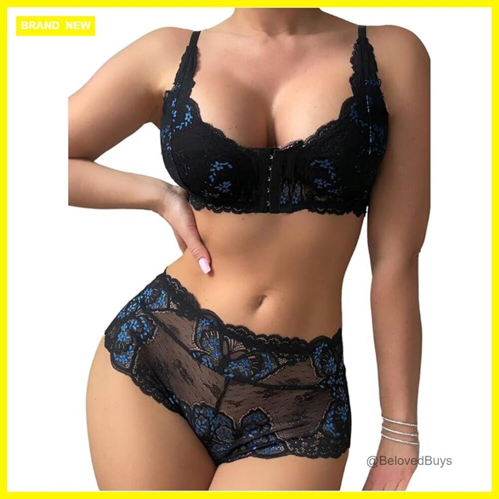 Wireless Front Closure Lace Bra Panty Set Sheer Adjustable Straps
